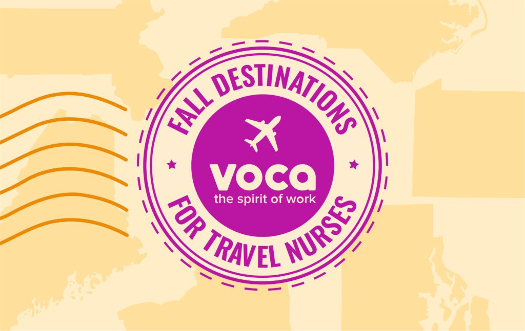 A purple stamp with the words " fall destinations for travel nurses ".